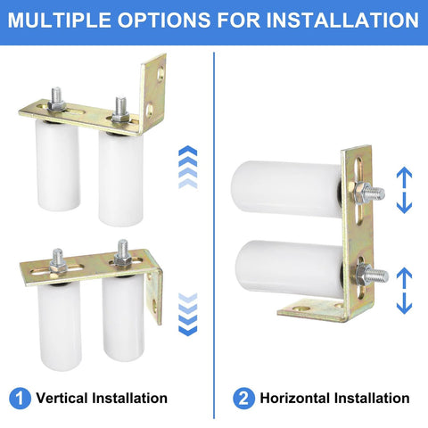 Two Set Slide Gate Guide Rollers With 5 Inch Nylon Rollers And L Shaped Rear Post Bracket Universal Sealed Ball Bearing Rolling Gate Guide For Sliding Doors White Durable Nylon Construction For Smooth Quiet Operation showing installation options