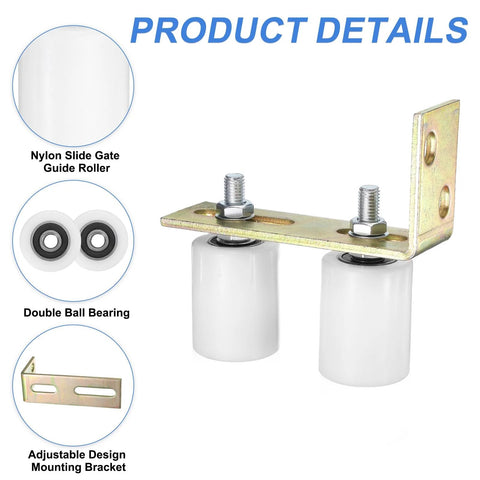 Slide Gate Guide Roller Set With L Shaped Bracket Nylon Rollers Two Inch Diameter And Two And Three Eighths Inch Length