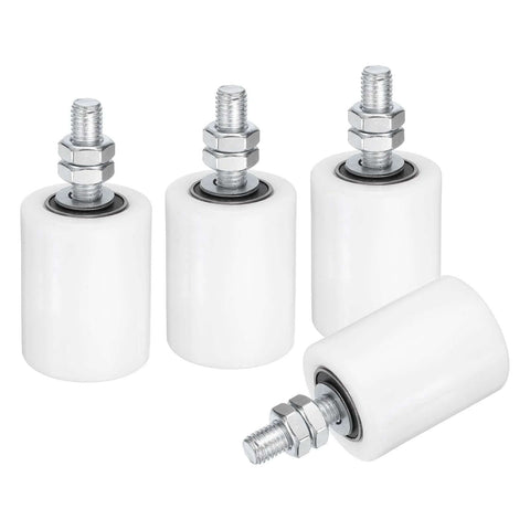 Four Nylon Gate Guide Rollers For Sliding Doors, Two Inch Diameter And Two And Three Eighths Inch Length, M12 By 35 40 Mm Thread, Universal Sealed Ball Bearing Gate Guider, Gate Support Assembly, White, displayed on a surface