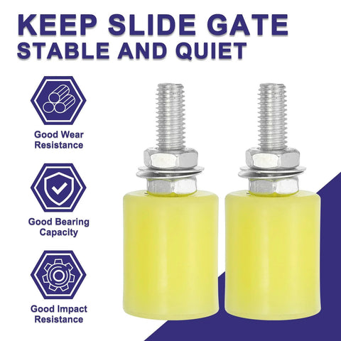 Slide Gate Guide Rollers 8 Piece Nylon Wheel Set For Sliding Doors And Gates, showing two beige nylon rollers with threads.