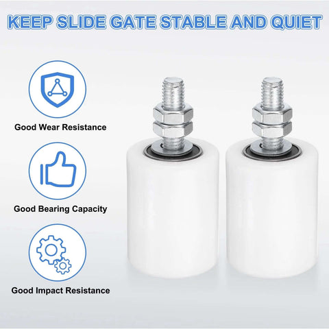 Front view of two white four nylon gate guide rollers for sliding doors, two inch diameter, with M12 by 35 40 mm thread.