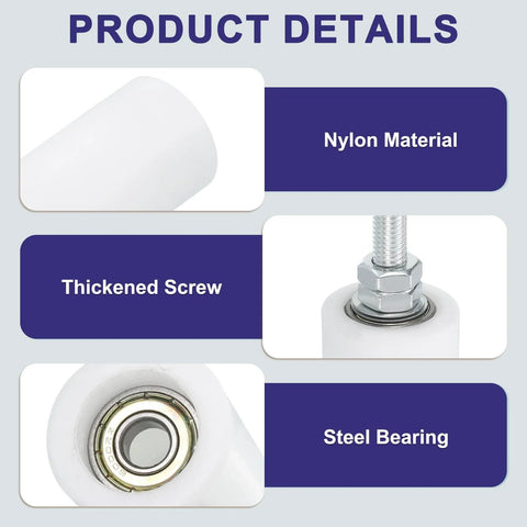 Close-up of details for 8 Pcs Slide Gate Guide Roller Set With 2.7 Inch Nylon Wheels For Sliding Doors, showing nylon material and steel bearing.