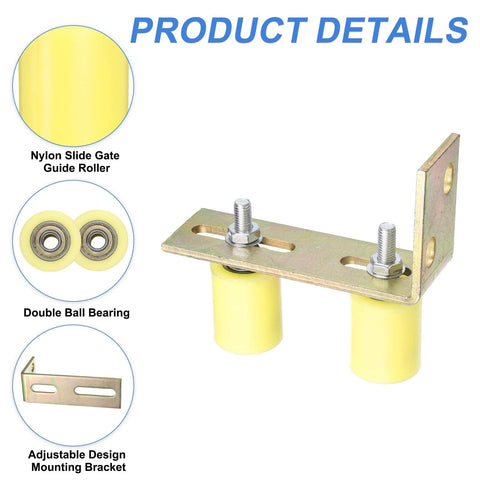 Two Set Gate Guide Roller Assembly With Nylon Ball Bearing Rollers And L Shaped Rear Bracket For Sliding Doors, 1.57 Inch Diameter By 2 Inch Length, Heavy Duty Universal Gate Guider, Yellow.