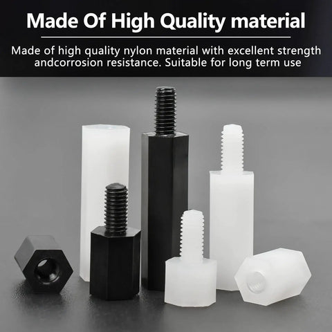 Dope M3 Hex Spacers Standoffs Kit With 660 Pieces Nylon Black And White For PCBs And Computer Motherboards Includes Male And Female Pillars Threaded Spacers Plain Finish Assorted 5 6 8 10 12 15 20mm Lengths; Close-up showing black and white nylon hex spacers.