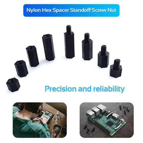 350 Piece M2.5 Black Nylon Hex Spacer Standoff Kit With Male And Female Nuts And Screws for PCB and Raspberry Pi applications