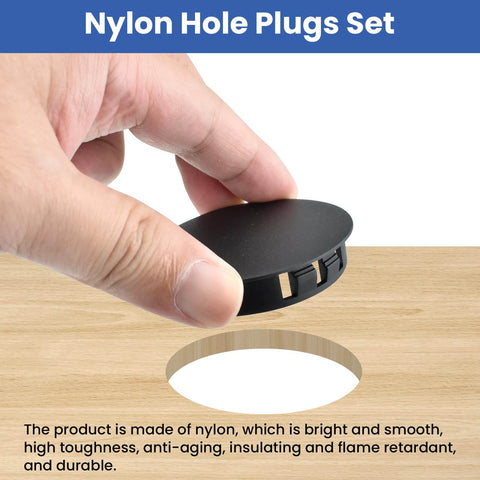 Hand holding Nylon Hole Plugs Set 30Pcs With Four Sizes 1-1/2 In, 1-3/4 In, 2 In, 2-3/8 In Round Snap-In Locking Hole Covers in black