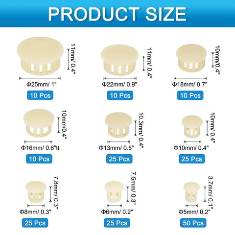 Pro Grade Nylon Hole Plug Set 190 Piece Round Plastic Plugs In 9 Sizes From 5mm To 25mm Beige End Caps for various uses