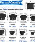 Diagram of Eight Size Nylon Hole Plugs Set 135 Pieces Black Round Hole Covers for Furniture and Cabinet Inserts End Caps Kit