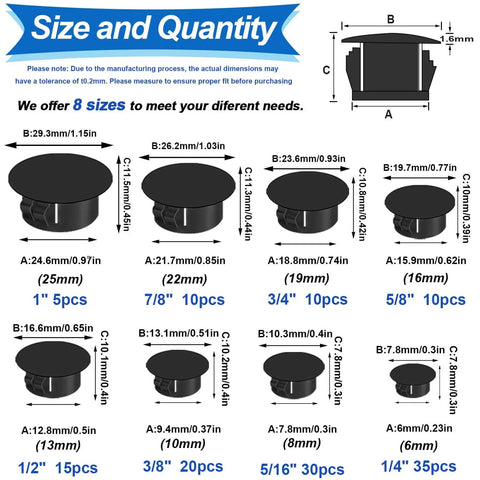 Diagram of Eight Size Nylon Hole Plugs Set 135 Pieces Black Round Hole Covers for Furniture and Cabinet Inserts End Caps Kit