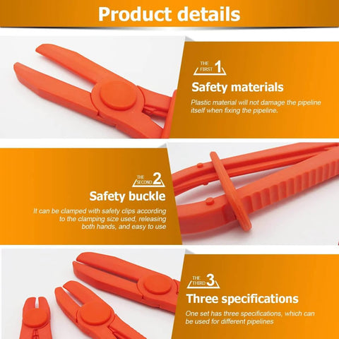 Close-up of 6 Pack Hose Clamp Pliers Set, 3 Size Plastic Line Pinch Clamps For Automotive Radiator, insulated nylon pliers shown
