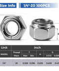 Image showing dimensions and specifications of 100 Pack 1/4-20 Nylon Insert Lock Nuts for industrial use