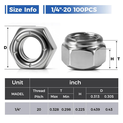 Image showing dimensions and specifications of 100 Pack 1/4-20 Nylon Insert Lock Nuts for industrial use