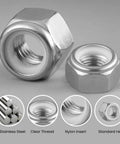 Lock Nut Set 50 Pieces Nylon Insert Lock Nuts No 10 24 Thread In Stainless Steel 304 18 8 Self Locking Nylock Nuts With Coarse Thread Hex For Mechanical Projects And Home Repairs BNUOK image showing two hex nuts with nylon inserts.