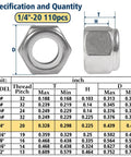Specification and quantity chart with front and side view of 110 Pack Nylon Insert Lock Nuts One Quarter Inch 20 TPI 304 Stainless Steel Nylock Nuts