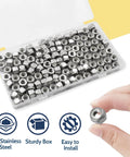 110 Pack Nylon Insert Lock Nuts One Quarter Inch 20 TPI 304 Stainless Steel Nylock Nuts in clear plastic case with hand holding one nut