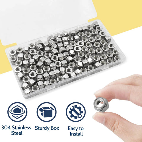 110 Pack Nylon Insert Lock Nuts One Quarter Inch 20 TPI 304 Stainless Steel Nylock Nuts in clear plastic case with hand holding one nut