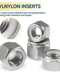 110 Pack Nylon Insert Lock Nuts One Quarter Inch 20 TPI 304 Stainless Steel Nylock Nuts shown with close-up of nylon inserts