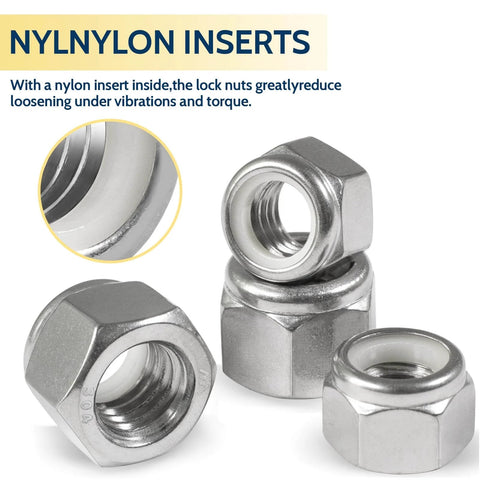 110 Pack Nylon Insert Lock Nuts One Quarter Inch 20 TPI 304 Stainless Steel Nylock Nuts shown with close-up of nylon inserts