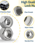 High quality 304 stainless 110 Pack Nylon Insert Lock Nuts One Quarter Inch 20 TPI Nylock Nuts showing clear threads and nylon inserts.