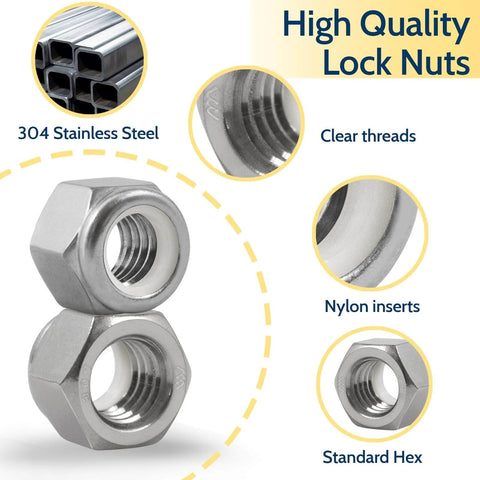 High quality 304 stainless 110 Pack Nylon Insert Lock Nuts One Quarter Inch 20 TPI Nylock Nuts showing clear threads and nylon inserts.