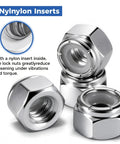 Close-up of 100 Pack 1/4-20 Nylon Insert Lock Nuts For Industrial Construction And Furniture Projects Premium Carbon Steel With Nylon