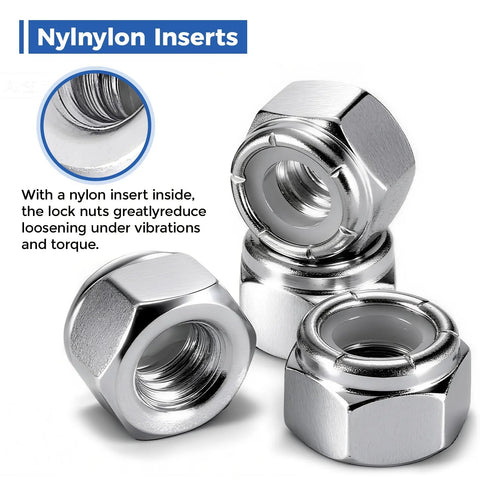 Close-up of 100 Pack 1/4-20 Nylon Insert Lock Nuts For Industrial Construction And Furniture Projects Premium Carbon Steel With Nylon