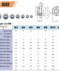Size chart and dimensions for Nylon Insert Lock Nuts Set 145 Piece Metric M3 To M12 In 304 Stainless Steel A2 70