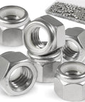 110 Pack Nylon Insert Lock Nuts One Quarter Inch 20 TPI 304 Stainless Steel Nylock Nuts in a scattered display with packaging visible