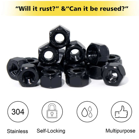 25 Pack 1/4-20 Nylon Insert Lock Nuts Black Oxide 304 Stainless Steel A2-70 Nylock Nuts for hardware repair, shown in a pile.