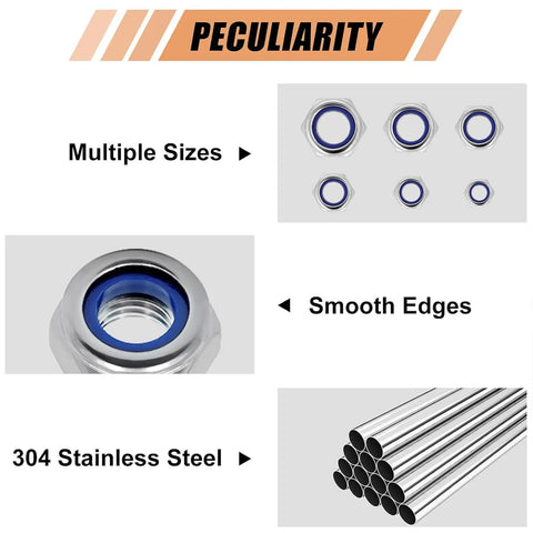 Nylon Insert Lock Nuts Set 145 Piece Metric M3 To M12 In 304 Stainless Steel A2 70 showing multiple sizes and material details