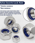 Close-up of stainless steel locknuts with blue nylon inserts, part of 360 Piece Metric Hex Nuts and Locknuts Kit With Nylon Insert Nylock, 304 Stainless Steel, M3 Through M12, 2 In 1 Assortment With 218 Hex Nuts And 142 Locknuts, Standard Thread for Everyday DIY Projects.