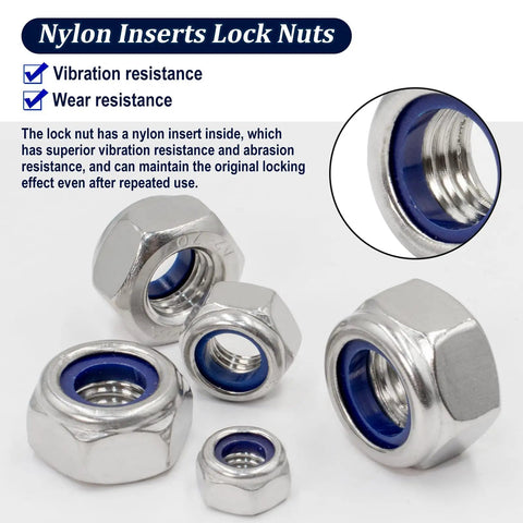 Close-up of stainless steel locknuts with blue nylon inserts, part of 360 Piece Metric Hex Nuts and Locknuts Kit With Nylon Insert Nylock, 304 Stainless Steel, M3 Through M12, 2 In 1 Assortment With 218 Hex Nuts And 142 Locknuts, Standard Thread for Everyday DIY Projects.