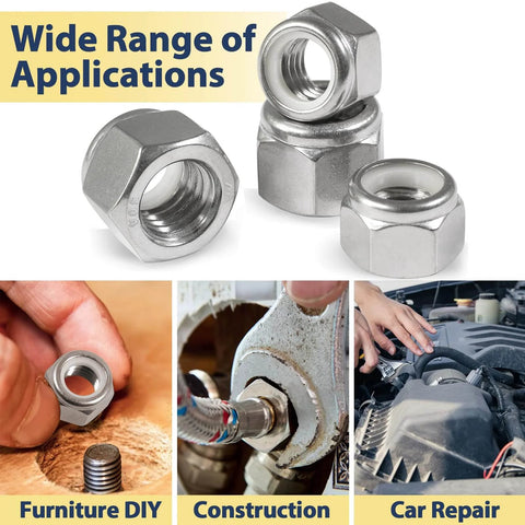 110 Pack Nylon Insert Lock Nuts One Quarter Inch 20 TPI 304 Stainless Steel Nylock Nuts shown with various applications