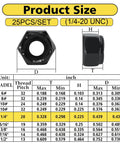 25 Pack 1/4-20 Nylon Insert Lock Nuts Black Oxide 304 Stainless Steel A2-70 Nylock Nuts with size chart and measurements