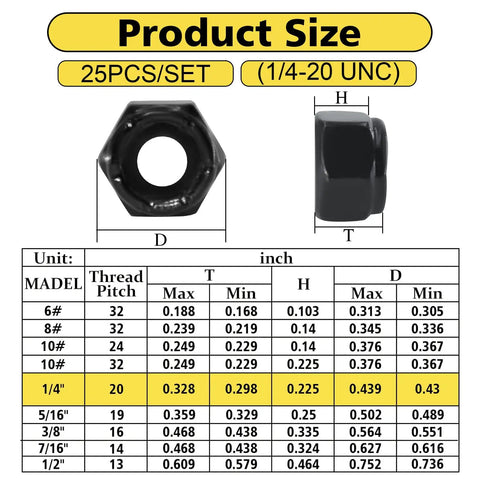 25 Pack 1/4-20 Nylon Insert Lock Nuts Black Oxide 304 Stainless Steel A2-70 Nylock Nuts with size chart and measurements