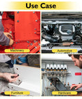 Collage showing uses of 25 Pack 1/4-20 Nylon Insert Lock Nuts Black Oxide 304 Stainless Steel A2-70 in machinery, automotive, furniture, and hardware.