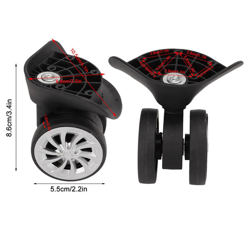 1 Pair Luggage Suitcase Replacement Nylon Casters Wheels For Trolley Travel Durable Lightweight Heat And Moisture Resistant Flame Retardant Easy To Install Luggage Maintenance Accessory showing front and side view with measurements