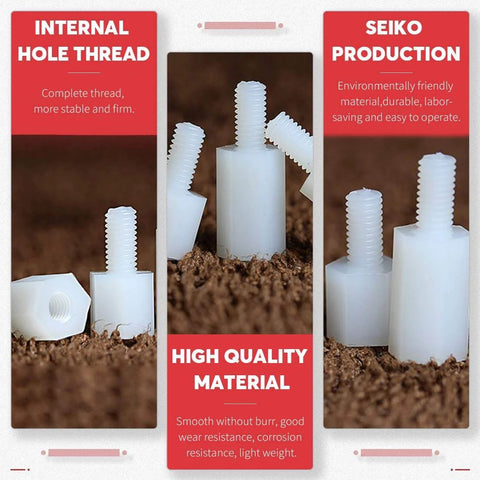 Close-up of nylon M2 hex spacers from 120 Pcs Nylon M2 Hex Spacers Standoff Assortment Kit with nuts and screws in plastic box.