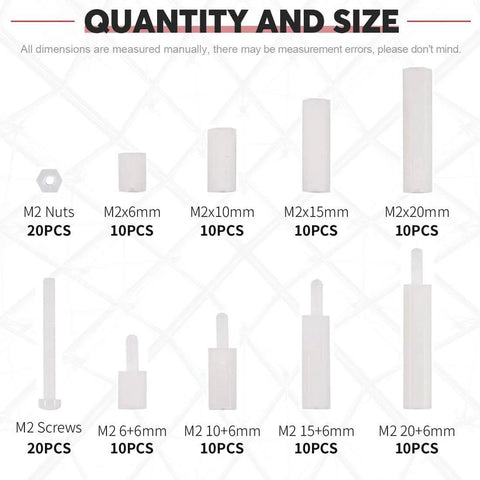 Diagram of 120 Pcs Nylon M2 Hex Spacers Standoff Assortment Kit With Nuts And Screws In Plastic Box; includes various sizes and quantities