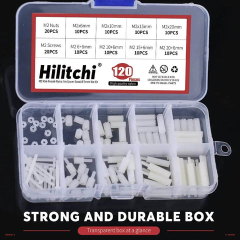 120 Pcs Nylon M2 Hex Spacers Standoff Assortment Kit With Nuts And Screws in Plastic Box, High Quality Nylon M2 Threaded Spacers for Electronics