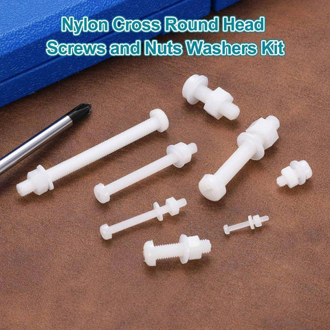 30 Piece M3x30mm Nylon PA66 Cross Round Head Bolts, Nuts, And Washers Assortment Kit for DIY machine assembly displayed with pen for scale.