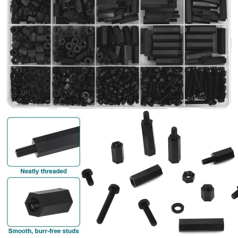 Nylon M3 Standoff And Fastener Kit with 600 Pieces Including Threaded Pillars Nuts Screws and Spacers in a compartment box