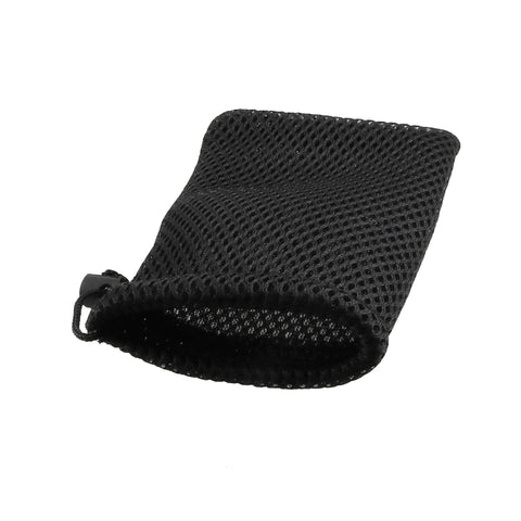 Front view of black nylon mesh drawstring bag, 5 x 3.5 inch small storage pouch for mini stuff MP3 charger earphone key.