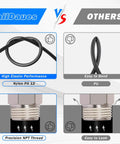 Comparison chart of TailDaues high elastic nylon PA 12 tubing vs other easy to bend PU tubing, showing precision NPT thread benefits.