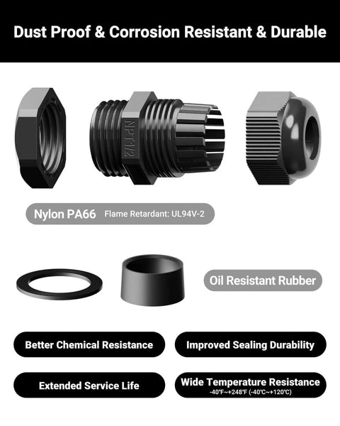 Exploded view of Ten Pack One Half Inch NPT Cable Glands Nylon Waterproof IP68 Cord Connectors PA66 showing components and features.