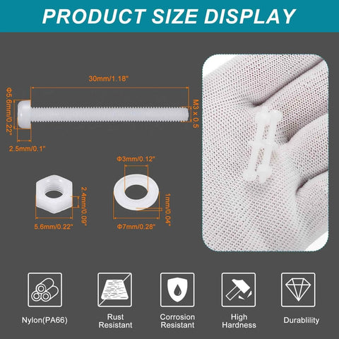 30 Piece M3x30mm Nylon PA66 Cross Round Head Bolts, Nuts, And Washers Assortment Kit For DIY Machine Assembly with size details