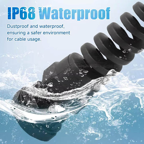 Close-up of nylon PG7 cable gland showing IP68 waterproof seal in water, highlighting strain relief, explosion proof O ring and nut