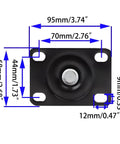 Top view of 2.5 Inch Heavy Duty Plate Casters With 360 Degree Swivel Top Plate Nylon Wheels 1500 Lbs Load Capacity with measurements