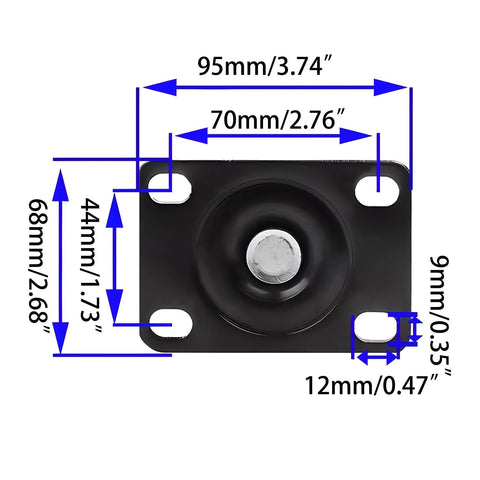 Top view of 2.5 Inch Heavy Duty Plate Casters With 360 Degree Swivel Top Plate Nylon Wheels 1500 Lbs Load Capacity with measurements