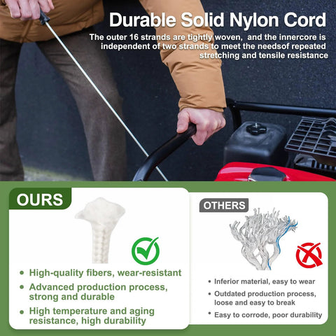 Man holding Replacement 4.0mm Pull Start Cord, durable nylon, for lawn mower use, features comparison with other cords